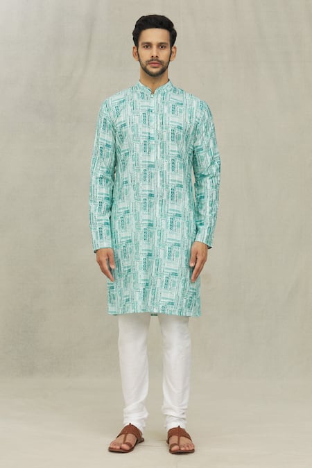 Arihant Rai Sinha_Blue Jacquard Tribal Jaal Print Kurta _Online_at_Aza_Fashions