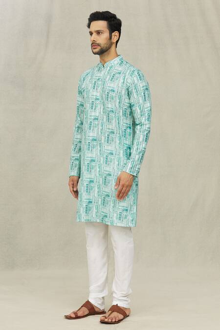 Buy_Arihant Rai Sinha_Blue Jacquard Tribal Jaal Print Kurta _Online_at_Aza_Fashions