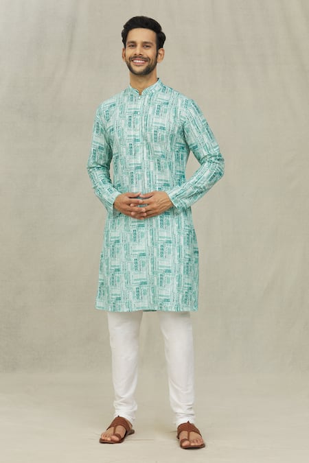 Shop_Arihant Rai Sinha_Blue Jacquard Tribal Jaal Print Kurta _Online_at_Aza_Fashions