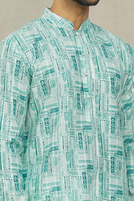 Arihant Rai Sinha_Blue Jacquard Tribal Jaal Print Kurta _at_Aza_Fashions