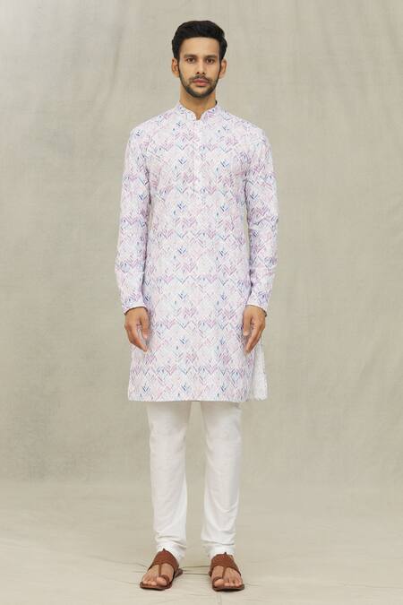 Arihant Rai Sinha_White Cotton Embroidery Leaves Print Kurta _Online_at_Aza_Fashions
