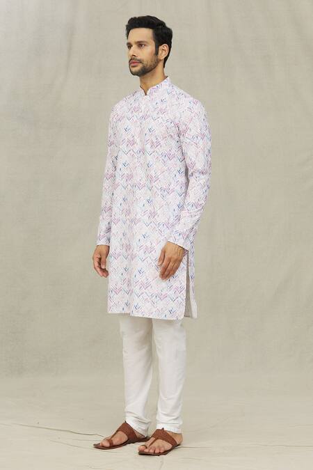 Buy_Arihant Rai Sinha_White Cotton Embroidery Leaves Print Kurta _Online_at_Aza_Fashions