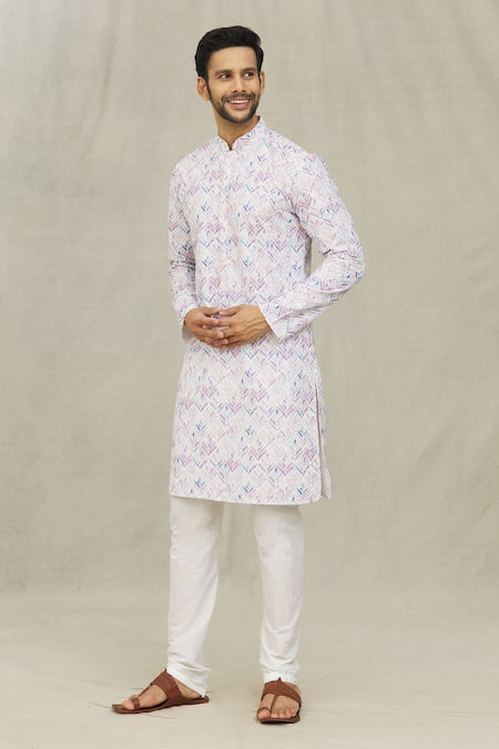Shop_Arihant Rai Sinha_White Cotton Embroidery Leaves Print Kurta _Online_at_Aza_Fashions
