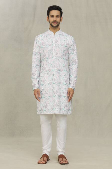 Arihant Rai Sinha White Cotton Embroidery Foliage Print Kurta Online at Aza Fashions Arihant Rai Sinha_White Cotton Embroidery Foliage Print Kurta _Online_at_Aza_Fashions