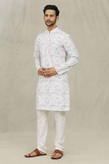 Shop Arihant Rai Sinha White Cotton Embroidery Foliage Print Kurta Online at Aza Fashions Shop_Arihant Rai Sinha_White Cotton Embroidery Foliage Print Kurta _Online_at_Aza_Fashions