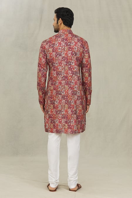 Shop Arihant Rai Sinha Red Cotton Foil Printing Miniature Leaf Kurta at Aza Fashions Shop_Arihant Rai Sinha_Red Cotton Foil Printing Miniature Leaf Kurta _at_Aza_Fashions
