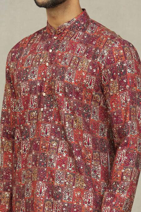 Arihant Rai Sinha Red Cotton Foil Printing Miniature Leaf Kurta at Aza Fashions Arihant Rai Sinha_Red Cotton Foil Printing Miniature Leaf Kurta _at_Aza_Fashions