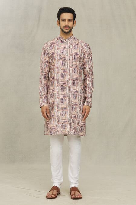 Arihant Rai Sinha Brown Jacquard Embroidery Tribal Print Kurta Online at Aza Fashions Arihant Rai Sinha_Brown Jacquard Embroidery Tribal Print Kurta _Online_at_Aza_Fashions