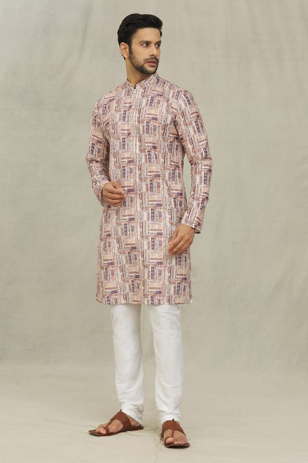 Shop Arihant Rai Sinha Brown Jacquard Embroidery Tribal Print Kurta Online at Aza Fashions Shop_Arihant Rai Sinha_Brown Jacquard Embroidery Tribal Print Kurta _Online_at_Aza_Fashions