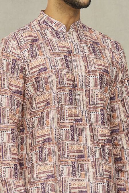 Arihant Rai Sinha Brown Jacquard Embroidery Tribal Print Kurta at Aza Fashions Arihant Rai Sinha_Brown Jacquard Embroidery Tribal Print Kurta _at_Aza_Fashions