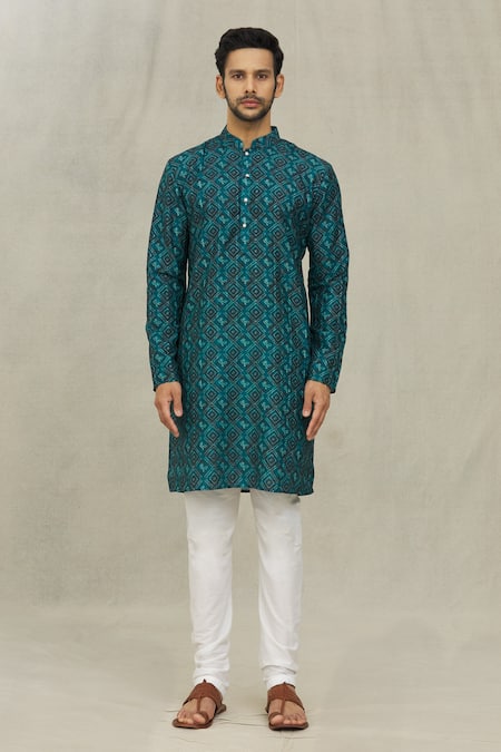 Arihant Rai Sinha_Blue Jacquard Floral Checkered Bandhani Print Kurta _Online_at_Aza_Fashions