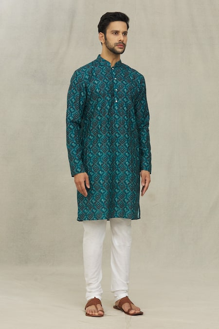 Buy_Arihant Rai Sinha_Blue Jacquard Floral Checkered Bandhani Print Kurta _Online_at_Aza_Fashions