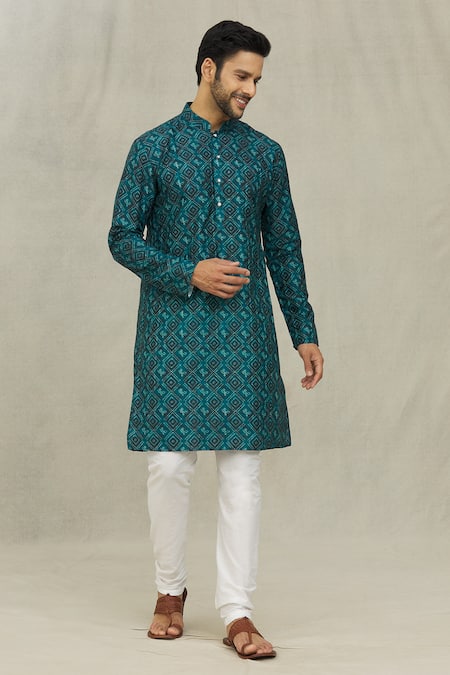 Shop_Arihant Rai Sinha_Blue Jacquard Floral Checkered Bandhani Print Kurta _Online_at_Aza_Fashions