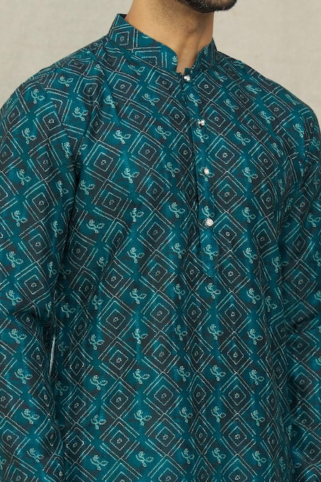 Arihant Rai Sinha_Blue Jacquard Floral Checkered Bandhani Print Kurta _at_Aza_Fashions