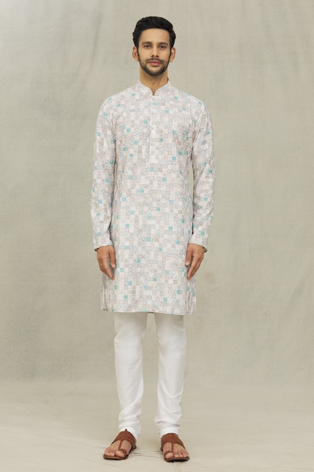 Arihant Rai Sinha_Cream Cotton Embroidery Moroccan Tile Print Kurta _Online_at_Aza_Fashions