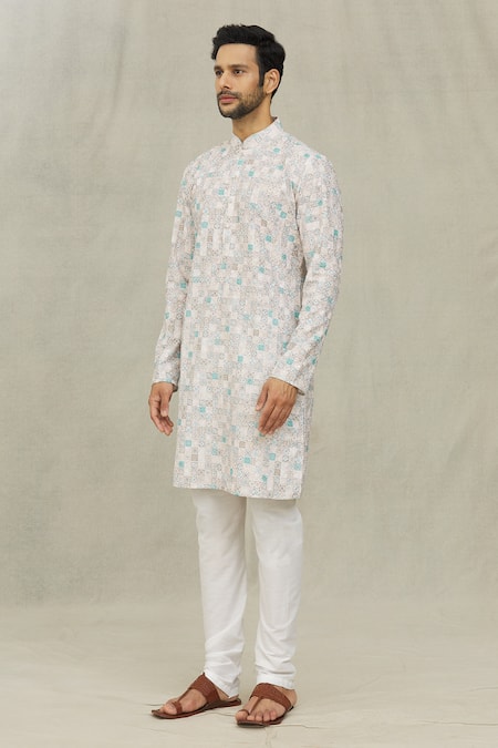 Buy_Arihant Rai Sinha_Cream Cotton Embroidery Moroccan Tile Print Kurta _Online_at_Aza_Fashions