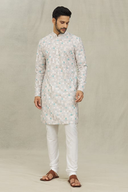 Shop_Arihant Rai Sinha_Cream Cotton Embroidery Moroccan Tile Print Kurta _Online_at_Aza_Fashions