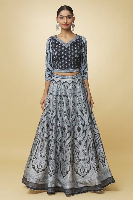 Buy_Samyukta Singhania_Multi Color Lycra, Silk, Georgette Embroidery, Printed Monochrome Lehenga Set_Online_at_Aza_Fashions