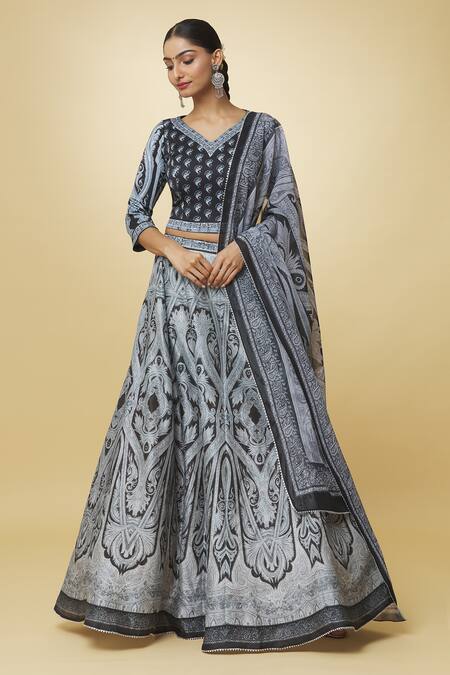 Shop_Samyukta Singhania_Multi Color Lycra, Silk, Georgette Embroidery, Printed Monochrome Lehenga Set_Online_at_Aza_Fashions