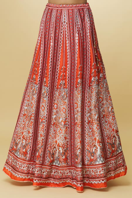 Samyukta Singhania_Multi Color Lycra, Silk, Georgette Embroidery, Madhubani Bird Print Lehenga Set_Online_at_Aza_Fashions