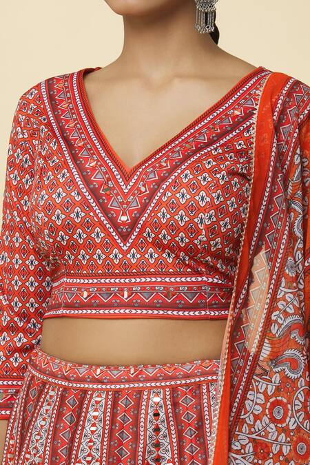 Shop_Samyukta Singhania_Multi Color Lycra, Silk, Georgette Embroidery, Madhubani Bird Print Lehenga Set_Online_at_Aza_Fashions