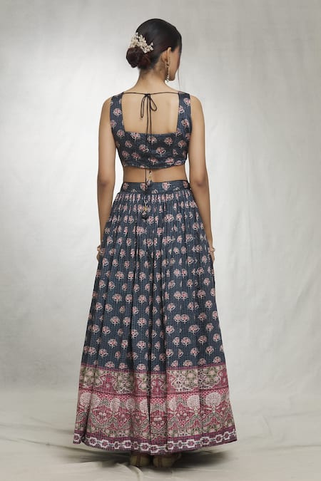 Shop_Naintara Bajaj_Blue Chiffon Sequins, Mirrors, Embroidery V-neck Floral Butti Print Lehenga Set _at_Aza_Fashions