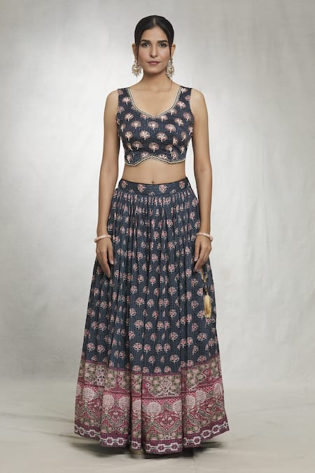 Naintara Bajaj_Blue Chiffon Sequins, Mirrors, Embroidery V-neck Floral Butti Print Lehenga Set _Online_at_Aza_Fashions