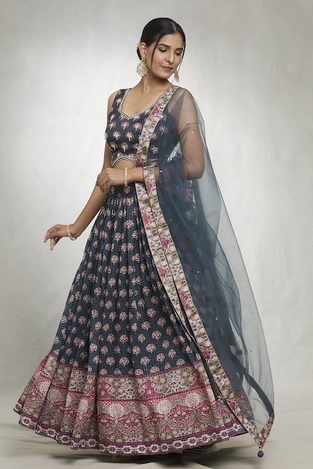 Buy_Naintara Bajaj_Blue Chiffon Sequins, Mirrors, Embroidery V-neck Floral Butti Print Lehenga Set _Online_at_Aza_Fashions