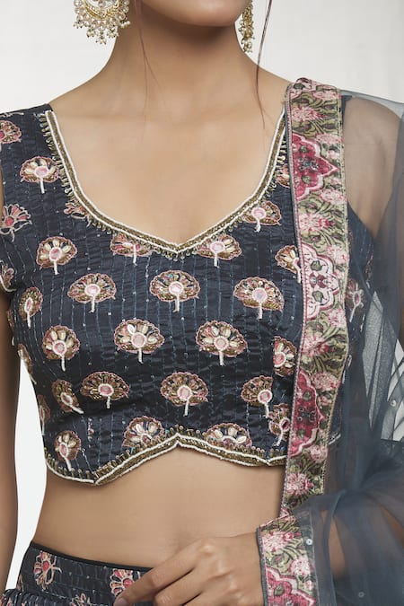 Shop_Naintara Bajaj_Blue Chiffon Sequins, Mirrors, Embroidery V-neck Floral Butti Print Lehenga Set _Online_at_Aza_Fashions