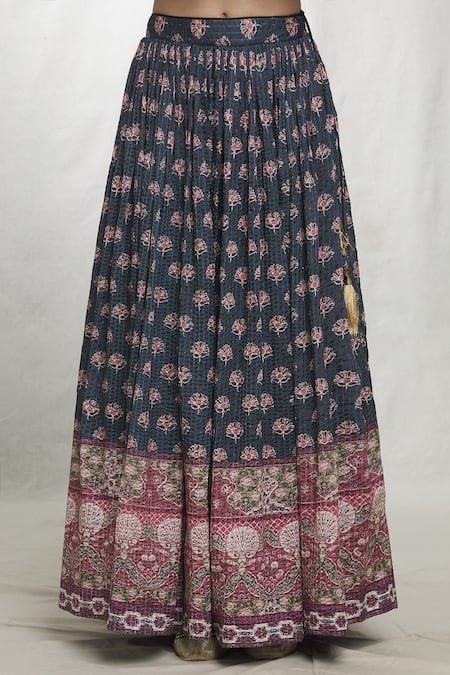 Naintara Bajaj_Blue Chiffon Sequins, Mirrors, Embroidery V-neck Floral Butti Print Lehenga Set _at_Aza_Fashions