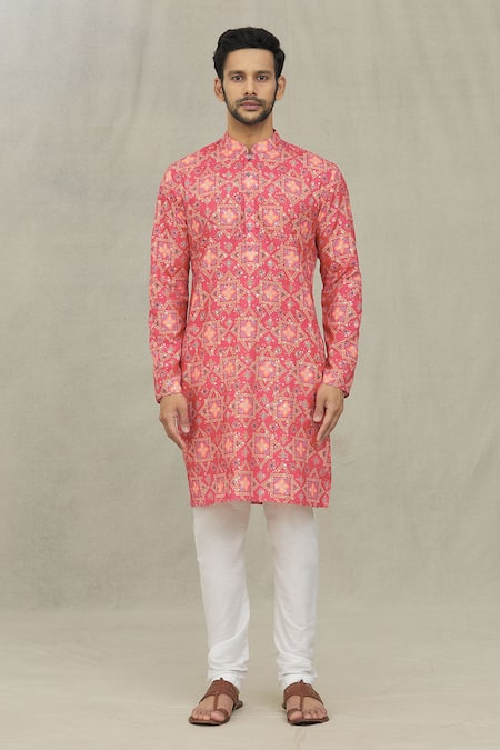 Arihant Rai Sinha_Red Cotton, Polyester, Viscose Embroidery Bandhani Print Kurta Set _Online_at_Aza_Fashions