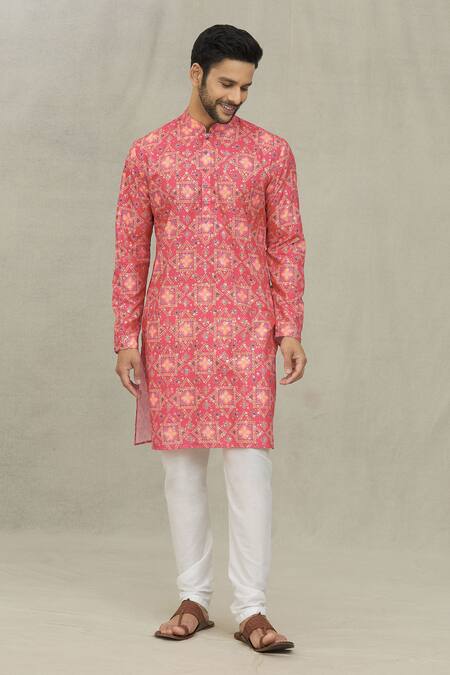 Buy_Arihant Rai Sinha_Red Cotton, Polyester, Viscose Embroidery Bandhani Print Kurta Set _Online_at_Aza_Fashions