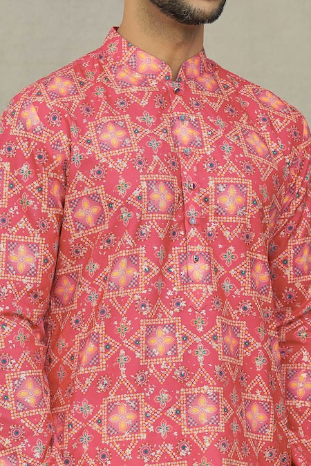 Shop_Arihant Rai Sinha_Red Cotton, Polyester, Viscose Embroidery Bandhani Print Kurta Set _Online_at_Aza_Fashions