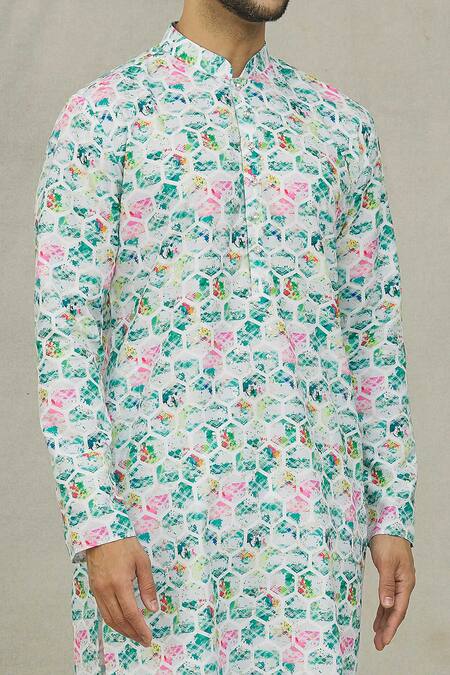 Buy_Arihant Rai Sinha_White Cotton, Polyester Hexagon Print Kurta Set _Online_at_Aza_Fashions