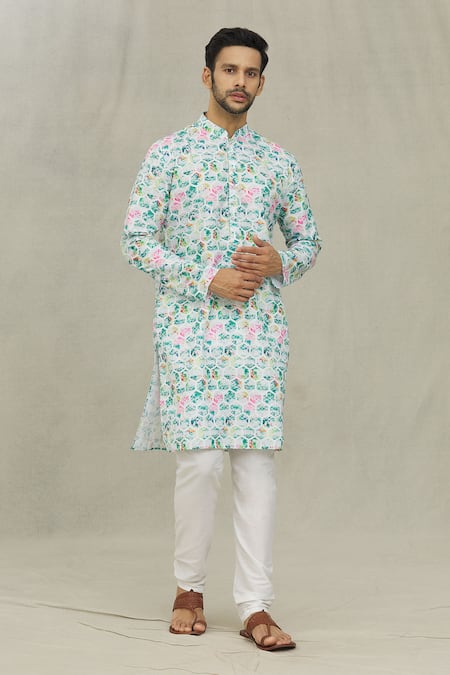 Shop_Arihant Rai Sinha_White Cotton, Polyester Hexagon Print Kurta Set _Online_at_Aza_Fashions