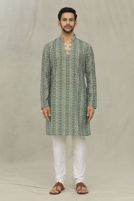 Arihant Rai Sinha_Green Jacquard, Polyester, Viscose Geometric Pattern Kurta Set _Online_at_Aza_Fashions