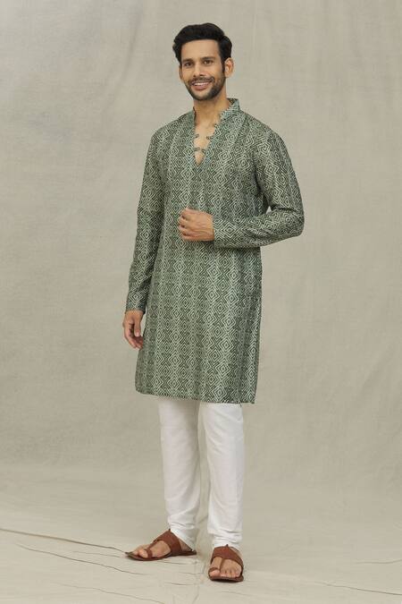 Buy_Arihant Rai Sinha_Green Jacquard, Polyester, Viscose Geometric Pattern Kurta Set _Online_at_Aza_Fashions