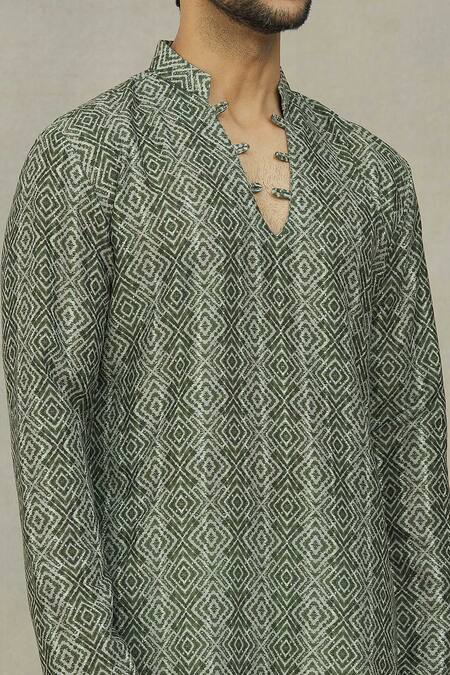 Shop_Arihant Rai Sinha_Green Jacquard, Polyester, Viscose Geometric Pattern Kurta Set _Online_at_Aza_Fashions