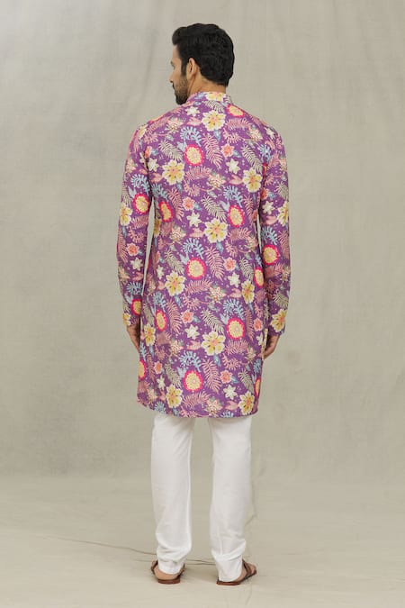 Shop Arihant Rai Sinha Purple Cotton, Polyester, Viscose Botanical Print Kurta Set at Aza Fashions Shop_Arihant Rai Sinha_Purple Cotton, Polyester, Viscose Botanical Print Kurta Set _at_Aza_Fashions