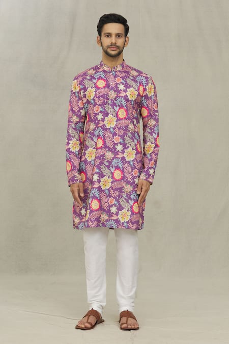 Arihant Rai Sinha Purple Cotton, Polyester, Viscose Botanical Print Kurta Set Online at Aza Fashions Arihant Rai Sinha_Purple Cotton, Polyester, Viscose Botanical Print Kurta Set _Online_at_Aza_Fashions