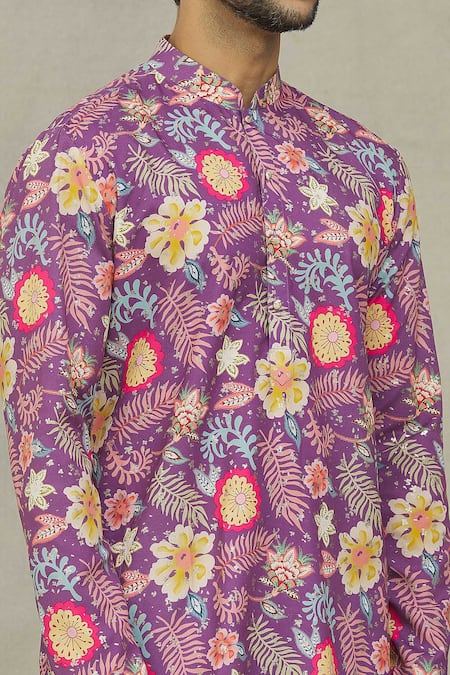 Shop Arihant Rai Sinha Purple Cotton, Polyester, Viscose Botanical Print Kurta Set Online at Aza Fashions Shop_Arihant Rai Sinha_Purple Cotton, Polyester, Viscose Botanical Print Kurta Set _Online_at_Aza_Fashions