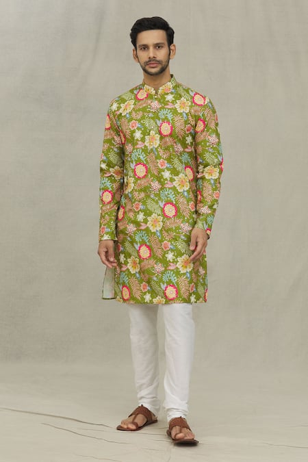 Arihant Rai Sinha Green Cotton, Polyester, Viscose Floral Print Kurta Set