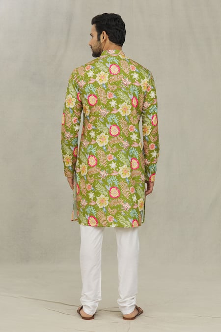 Shop Arihant Rai Sinha Green Cotton, Polyester, Viscose Floral Print Kurta Set at Aza Fashions Shop_Arihant Rai Sinha_Green Cotton, Polyester, Viscose Floral Print Kurta Set _at_Aza_Fashions
