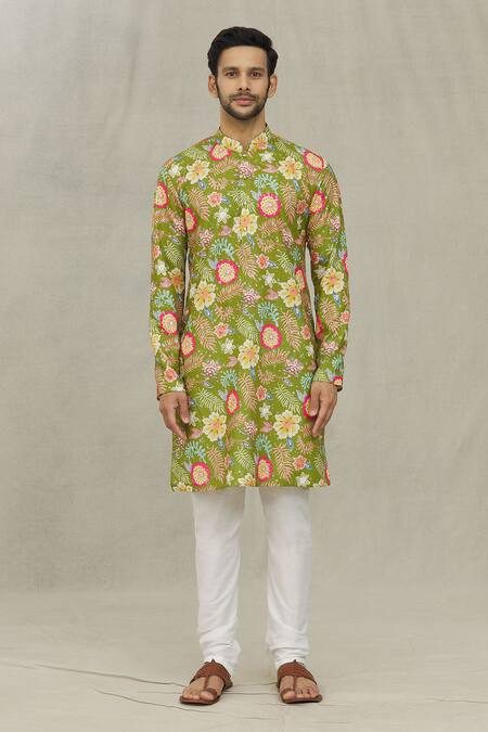 Arihant Rai Sinha Green Cotton, Polyester, Viscose Floral Print Kurta Set Online at Aza Fashions Arihant Rai Sinha_Green Cotton, Polyester, Viscose Floral Print Kurta Set _Online_at_Aza_Fashions