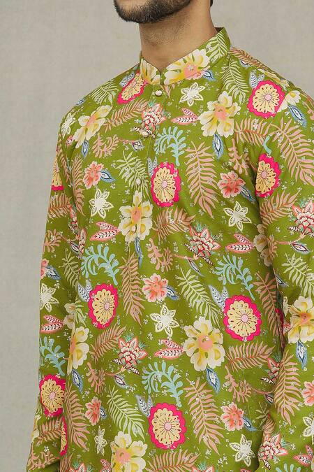 Shop Arihant Rai Sinha Green Cotton, Polyester, Viscose Floral Print Kurta Set Online at Aza Fashions Shop_Arihant Rai Sinha_Green Cotton, Polyester, Viscose Floral Print Kurta Set _Online_at_Aza_Fashions