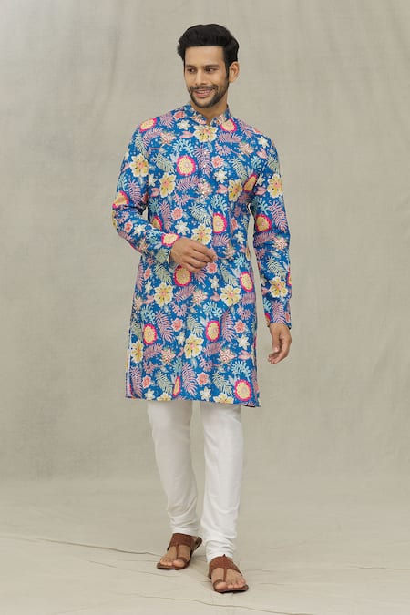 Arihant Rai Sinha Blue Kurta Soft Cotton Foil Printed Flower Set