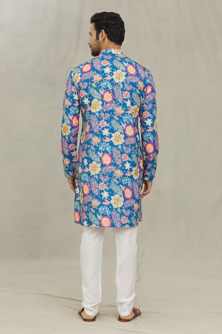 Arihant Rai Sinha Blue Cotton, Polyester Embroidery Flower Print Kurta Set Online at Aza Fashions Arihant Rai Sinha_Blue Cotton, Polyester Embroidery Flower Print Kurta Set _Online_at_Aza_Fashions