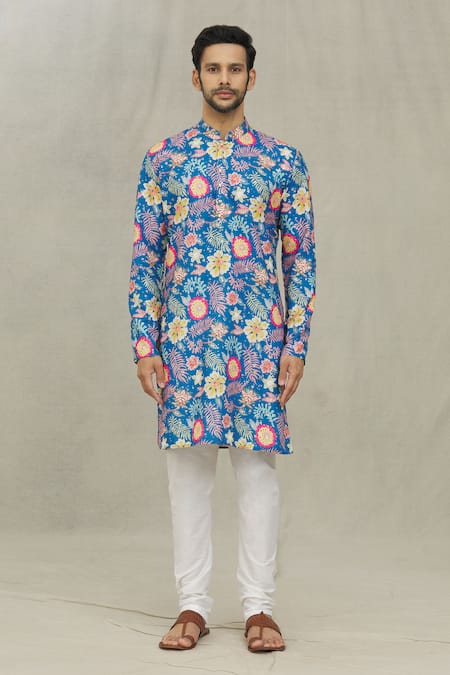 Buy Arihant Rai Sinha Blue Cotton, Polyester Embroidery Flower Print Kurta Set Online at Aza Fashions Buy_Arihant Rai Sinha_Blue Cotton, Polyester Embroidery Flower Print Kurta Set _Online_at_Aza_Fashions