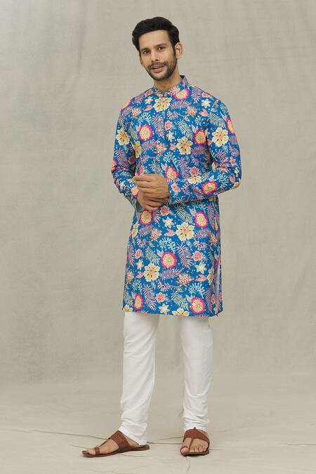 Shop Arihant Rai Sinha Blue Cotton, Polyester Embroidery Flower Print Kurta Set Online at Aza Fashions Shop_Arihant Rai Sinha_Blue Cotton, Polyester Embroidery Flower Print Kurta Set _Online_at_Aza_Fashions