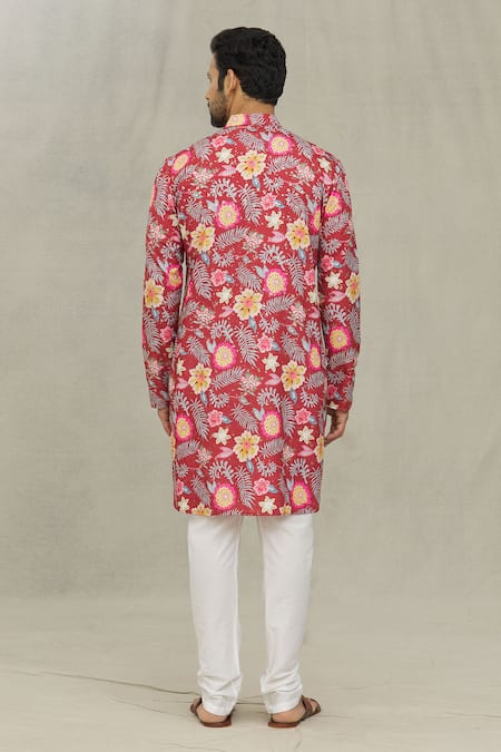 Shop Arihant Rai Sinha Red Cotton, Polyester, Viscose Foil Printing Florette Kurta Set at Aza Fashions Shop_Arihant Rai Sinha_Red Cotton, Polyester, Viscose Foil Printing Florette Kurta Set _at_Aza_Fashions